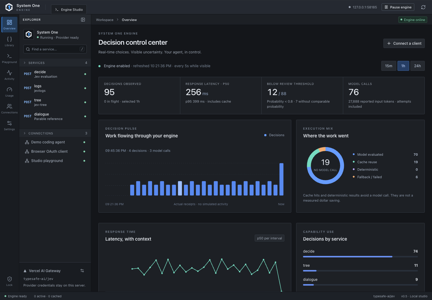 Dark System One studio with service explorer and engine overview